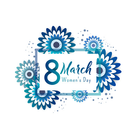 International women's day flyer. 8 number with blue paper cut flowers  vector illustration in frame. Trendy Design Template.のイラスト素材