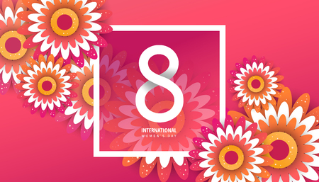 International women's day flyer with orange paper cut flowers vector illustration.のイラスト素材