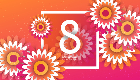International women's day flyer. 8 number with red paper cut flowers vector illustration. Trendy design template.のイラスト素材