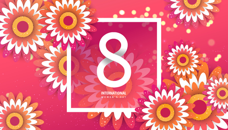 International women's day flyer. 8 number with red paper cut flowers vector illustration. Trendy Design Template.のイラスト素材
