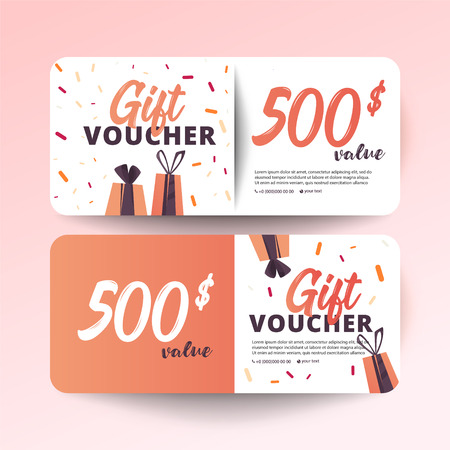 Set of colorful gift vouchers with gifts on white background. Modern flat style vector illustration.のイラスト素材