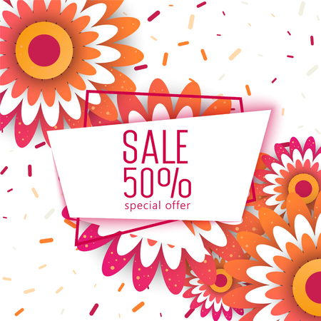 Paper art of  Spring origami sale banner   set concept. 50 percent discountのイラスト素材