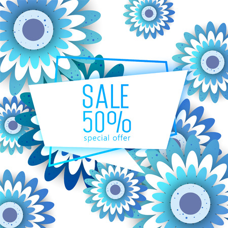Paper art of  Spring origami sale banner. Floral Greeting card. Paper cut flower holiday background with square Frame, space for text. 50 percent discountのイラスト素材