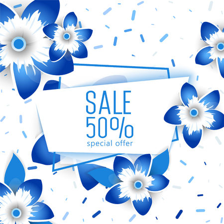 Floral Greeting card. Paper cut flower holiday background with square Frame, space for text. 50 percent discountのイラスト素材