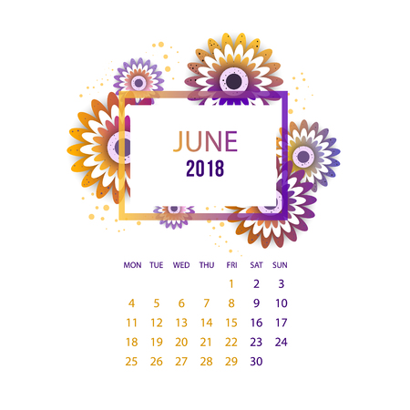 Design Floral Template Calendar march 2018.  Print Template Calendar with paper cut flowersのイラスト素材