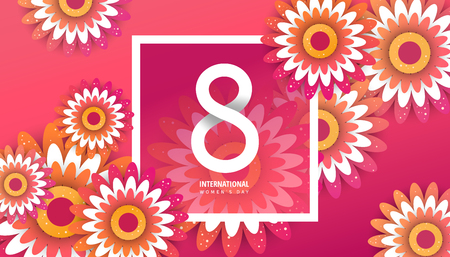 International women's day. 8 number with green paper cut flowers vector illustration. Trendy Design Template.のイラスト素材