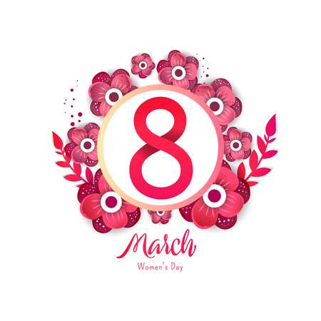 International women's day. 8 number with red paper cut flowers vector illustration in frame. Trendy Design Template.のイラスト素材