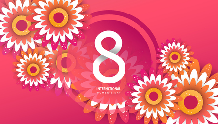 International women's day flyer. 8 number with green paper cut flowers vector illustration. Trendy Design Template.のイラスト素材