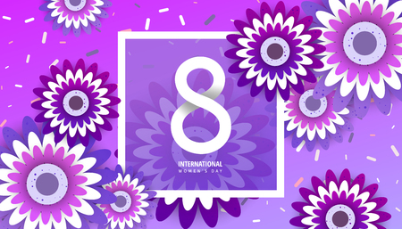 International women's day. 8 number with purple paper cut flowers vector illustration. Trendy Design Template.のイラスト素材