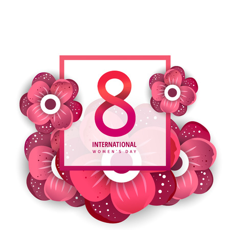 International women's day flyer. 8 number with red paper cut flowers  vector illustration in frame. Trendy Design Template.のイラスト素材