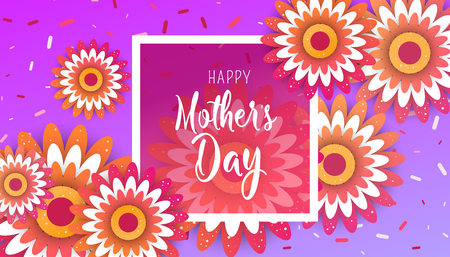 Happy Mother's Day lettering with bright flowers. Trendy Design Template. Vector illustration posterのイラスト素材