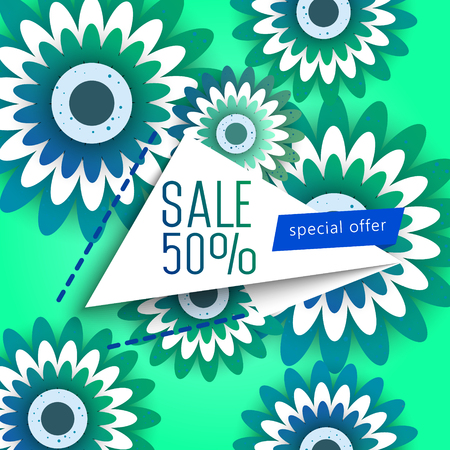 Floral Greeting card. Paper cut flower holiday background with square Frame, space for text. 50 percent discountのイラスト素材