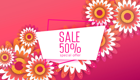 Paper art of  Spring origami sale banner   set concept. Floral Greeting card. Paper cut flower holiday background with square Frame, space for text. 50 percent discountのイラスト素材