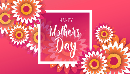 Happy Mother's Day lettering with bright flowers in style paper cut. Trendy Design Template. Vector illustrationのイラスト素材