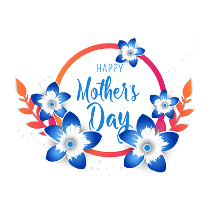 Happy Mother's Day lettering with bright flowers. Trendy Design Template. Vector illustration posterのイラスト素材