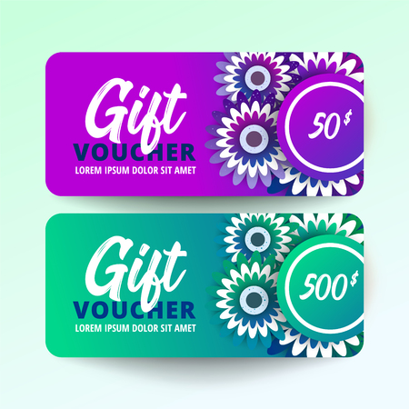 Gift Voucher Card Set Template with flowers on color background. Paper cut style vector illustration.のイラスト素材
