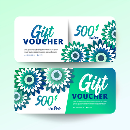 Set of gift certificate with delicate painted flowers. Modern paper cut style vector illustration.のイラスト素材