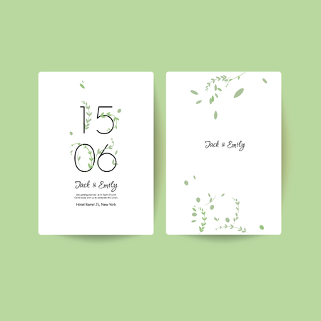 Wedding invitation template with green leaves on green background. Vector illustration.のイラスト素材
