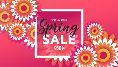Paper art of Spring origami sale banner set concept. 50 percent discount Vector illustration.のイラスト素材