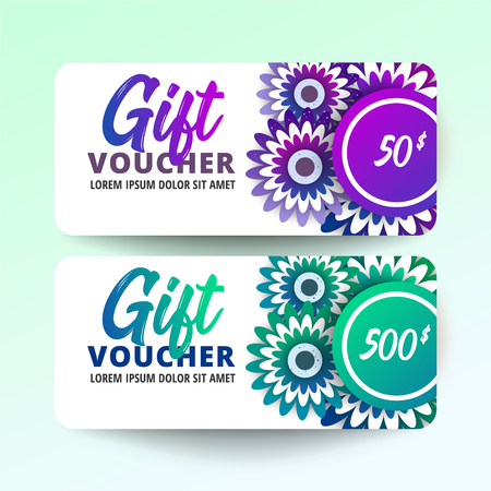 Gift Voucher Card Set Template with flowers on white background. Paper cut style vector illustration.のイラスト素材