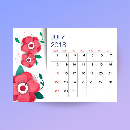 Design Floral Template Calendar july 2018.  Print Template Calendar with paper cut flowersのイラスト素材