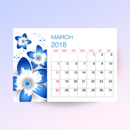 Design Floral Template Calendar march 2018.  Print Template Calendar with paper cut flowersのイラスト素材