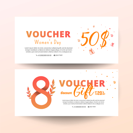8 march voucher. Bright set of gift voucher 50 dollars discount.のイラスト素材