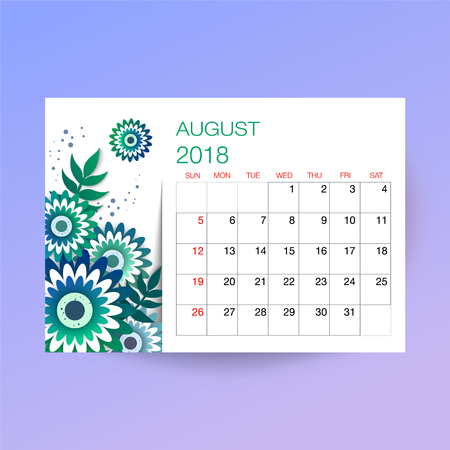Design Floral Template Calendar august 2018.  Print Template Calendar with paper cut flowersのイラスト素材