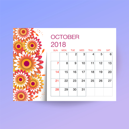 Design Floral Template Calendar october 2018.  Print Template Calendar with paper cut flowersのイラスト素材