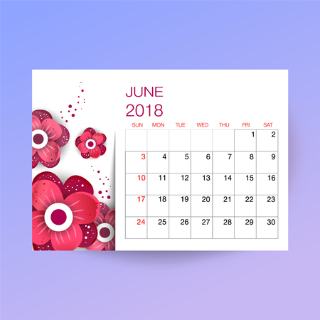 Design Floral Template Calendar June 2018. Print Template Calendar with paper cut flowers.のイラスト素材