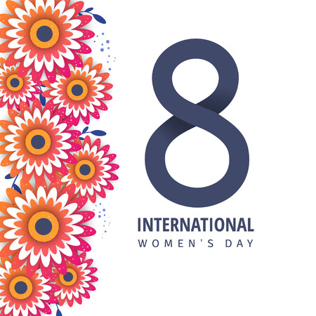 8th of March, International Women's day. Greeting poster with pink flowers background with number 8.のイラスト素材