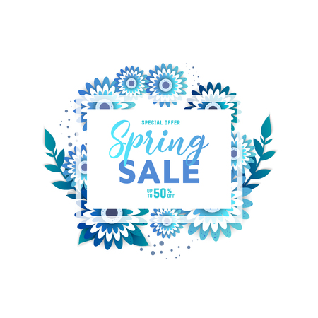Paper art of  Spring origami sale banner. Floral Greeting card. Paper cut flower holiday background with square Frame, space for text. 50 percent discountのイラスト素材