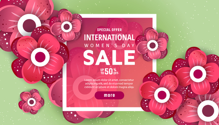 International Women's day poster illustration with red origami flowers. The illustration can be used in the newsletter, brochures, postcards, tickets, advertisements, banners.のイラスト素材