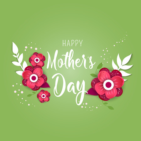 Happy Mother's Day poster.3d illustration with red  origami flowers on green background.  Eps10 vector illustration with place for your text.のイラスト素材