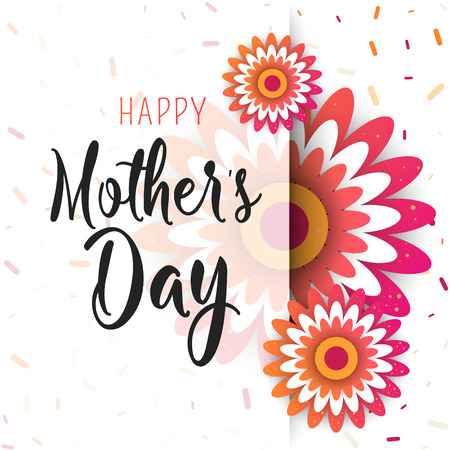 Happy Mother's Day lettering with bright flowers in style paper cut. Trendy design template. Vector illustration.のイラスト素材
