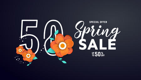 Spring sale poster. 3d illustration with origami flowers on a dark background. illustration with place for your text.のイラスト素材