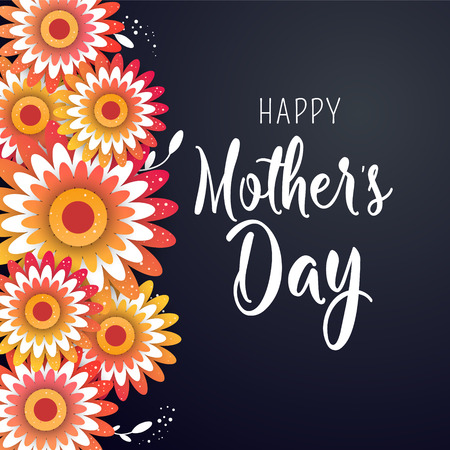 Happy Mother's Day poster. 3d illustration with blue origami flowers on a dark background. Eps10 vector illustration with place for your text.のイラスト素材