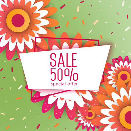 Paper art of  Spring origami sale banner set concept. 50 percent discountのイラスト素材