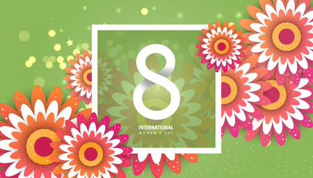 International women's day flyer. 8 number with cut flowers vector illustration. Trendy Design Template.のイラスト素材