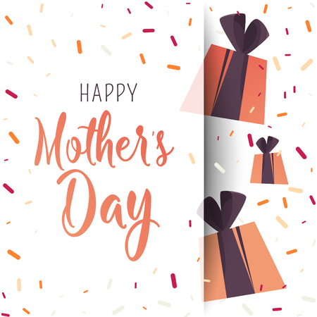 Happy Mother Day poster. Flat gifts with confetti. Trendy Design Template.のイラスト素材