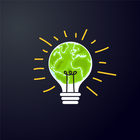 Earth in a lightbulb, Flat design vector illustration on dark background.のイラスト素材