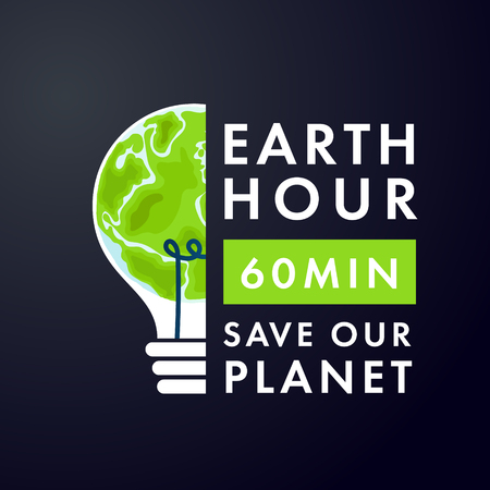Earth in lightbulb and text earth hour 60 min save our planet. vector illustration on dark background.のイラスト素材