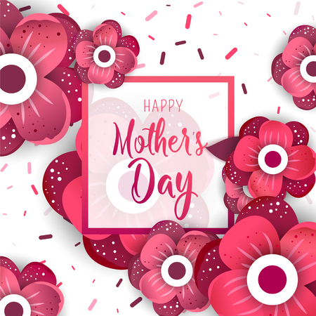 Happy Mother's Day lettering with bright flowers. Trendy Design Template. Vector illustration posterのイラスト素材