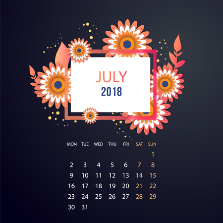 Design Floral Template Calendar july 2018.  Print Template Calendar with paper cut flowersのイラスト素材