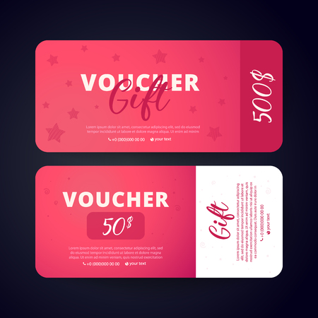 Gift Voucher Card Set Template with stars on color red  background. Flat style vector illustration.のイラスト素材
