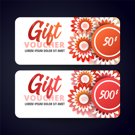 Gift Voucher Card Set Template with red flowers on white background. Flat style vector illustration.のイラスト素材