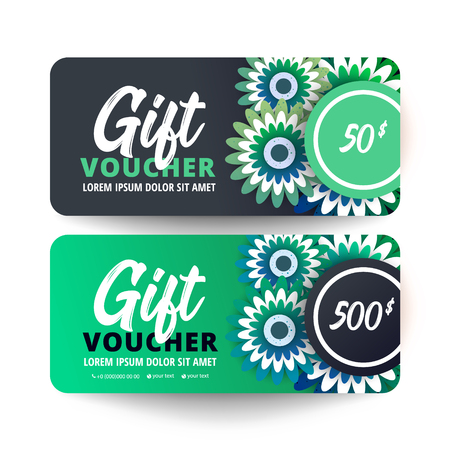 Gift Voucher Card Set Template with origami flowers on white background. Flat style vector illustration.のイラスト素材
