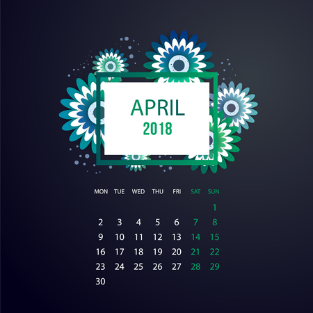 Design Floral Template Calendar april 2018.  Print Template Calendar with paper cut flowersのイラスト素材