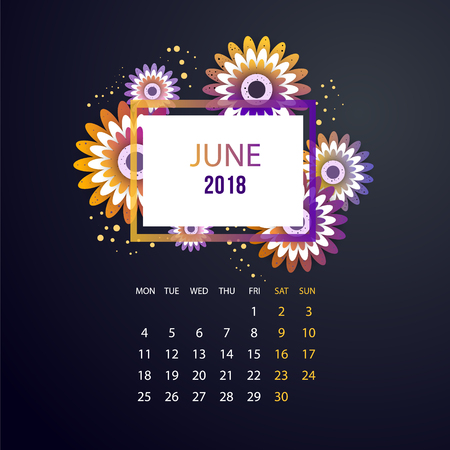 Design Floral Template Calendar  june 2018.  Print Template Calendar with paper cut flowersのイラスト素材
