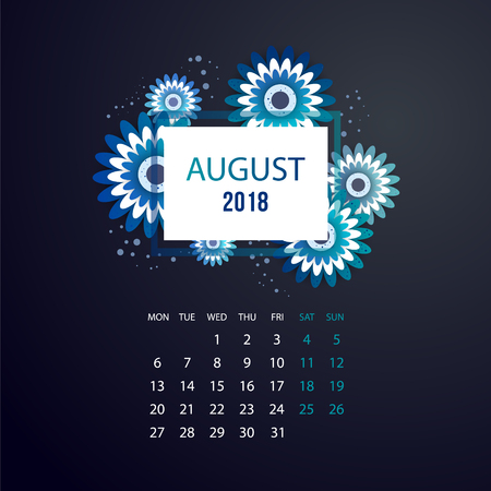 Design Floral Template Calendar august 2018.  Print Template Calendar with paper cut flowersのイラスト素材